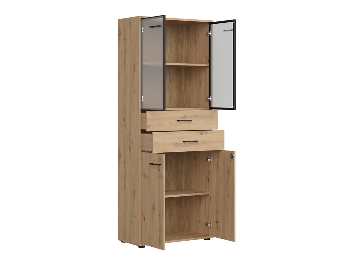 Closed two-door display cabinet with two drawers SPACE OFFICE 80 cm, artistic oak color/matte black color