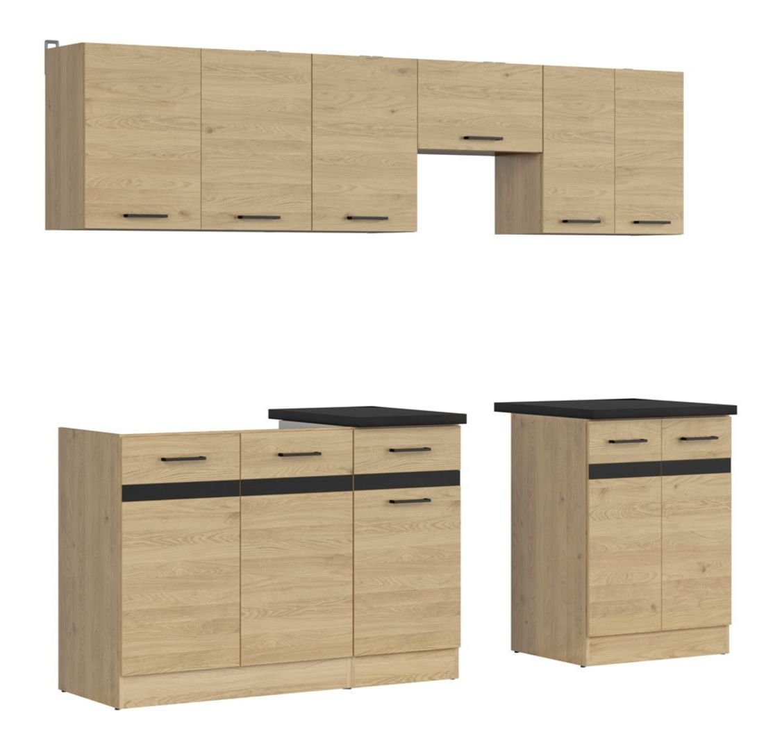 Kitchen set with countertop 230 cm JUNONA LINE Bernstein oak/metallic black gold slate