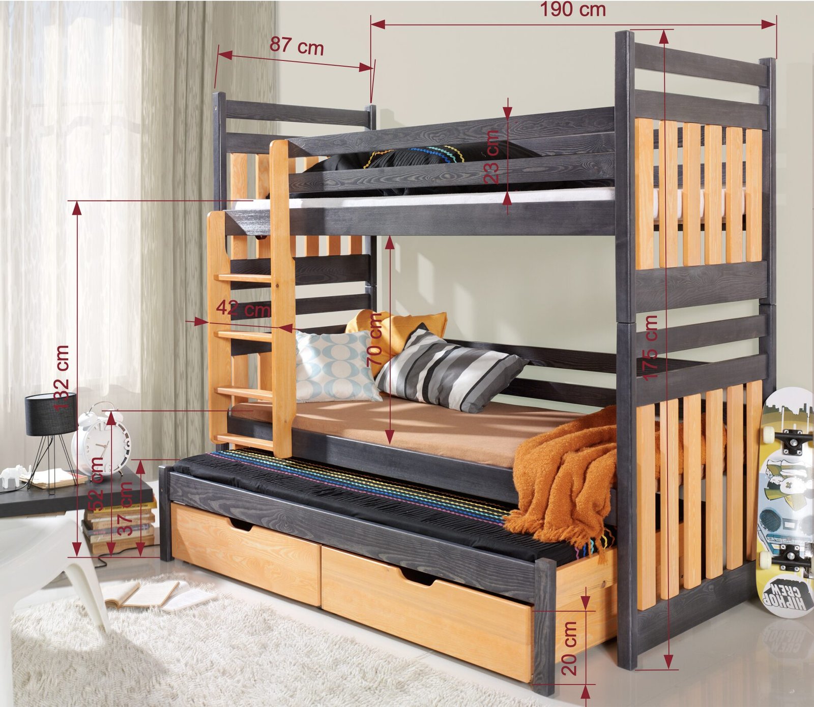 SAMBOR III triple bunk bed with drawers 90x200 cm - Image 9