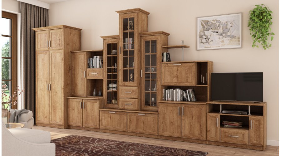 Very large classic wall cabinet with triple display window, spacious wardrobe and TV stand, 440 × 207 cm, Dąb Lefkas – HADES + Wardrobe + TV - Image 3