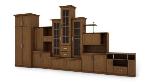 Very large classic wall cabinet with triple display window, spacious wardrobe and TV stand, 440 × 207 cm, Dąb Lefkas – HADES + Wardrobe + TV