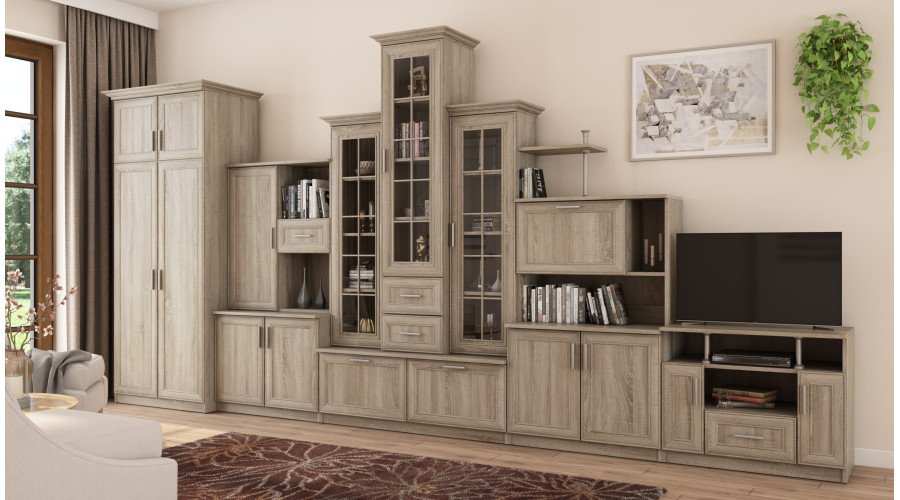 Very large classic wall cabinet with triple display window, spacious wardrobe and TV stand, 440 × 207 cm, Sonoma Jasna – HADES + Wardrobe + TV - Image 3