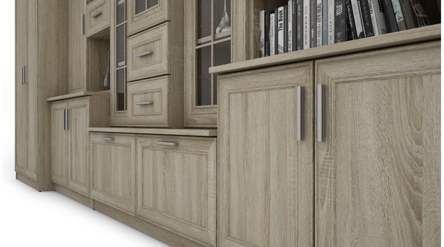 Very large classic wall cabinet with triple display window, spacious wardrobe and TV stand, 440 × 207 cm, Sonoma Jasna – HADES + Wardrobe + TV - Image 5