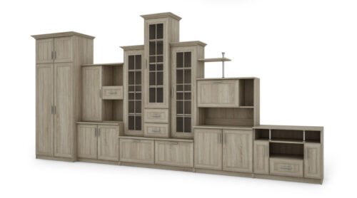 Very large classic wall cabinet with triple display window, spacious wardrobe and TV stand, 440 × 207 cm, Sonoma Jasna – HADES + Wardrobe + TV