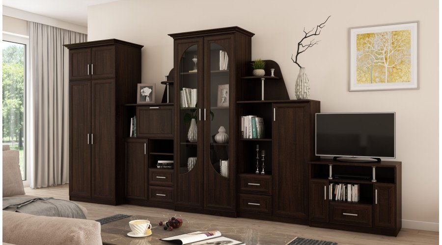 Very large classic wall cabinet with glass display case, wardrobe and TV 400 × 207 cm Sonoma Ciemna – TEXAS + Wardrobe + TV - Image 2