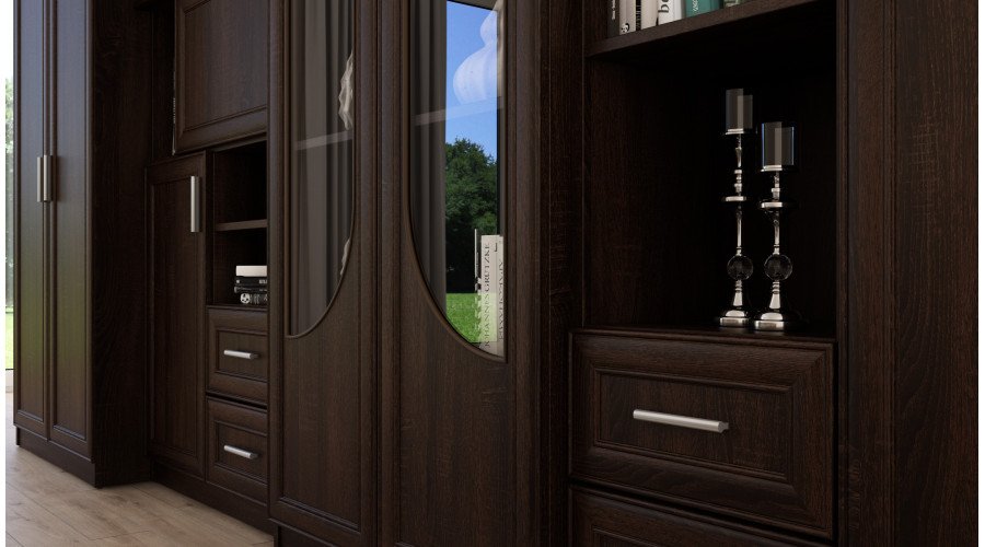 Very large classic wall cabinet with glass display case, wardrobe and TV 400 × 207 cm Sonoma Ciemna – TEXAS + Wardrobe + TV - Image 4
