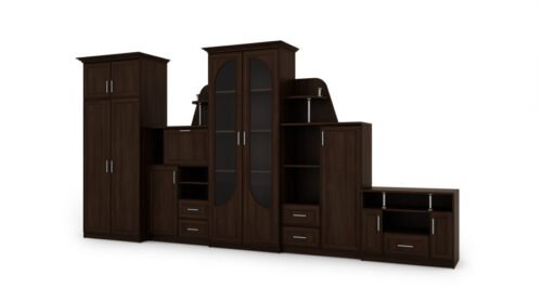 Very large classic wall cabinet with glass display case, wardrobe and TV 400 × 207 cm Sonoma Ciemna – TEXAS + Wardrobe + TV