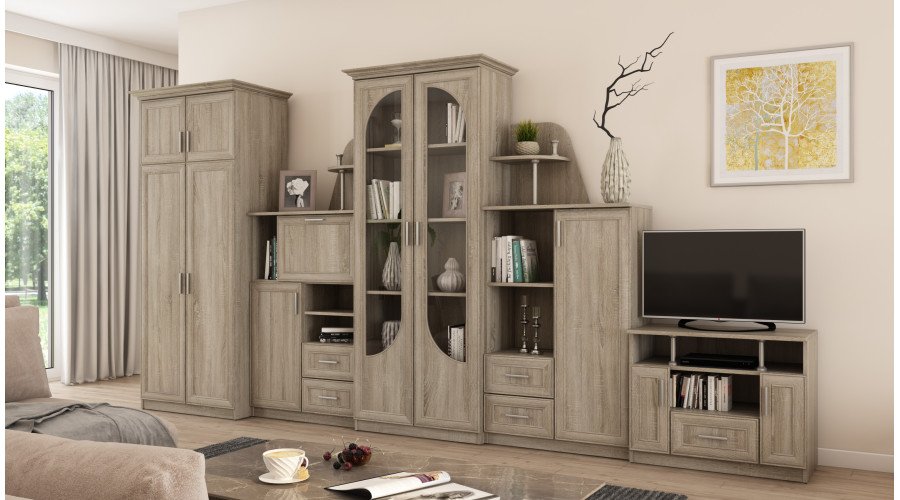Extra large classic wall cabinet with glass display case, wardrobe and TV, 400 × 207 cm, Sonoma Jasna – TEXAS + Wardrobe + TV - Image 2