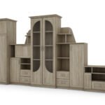 Extra large classic wall cabinet with glass display case, wardrobe and TV, 400 × 207 cm, Sonoma Jasna – TEXAS + Wardrobe + TV