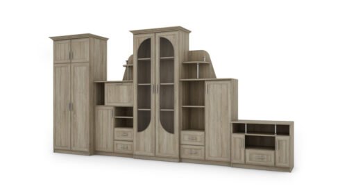 Extra large classic wall cabinet with glass display case, wardrobe and TV, 400 × 207 cm, Sonoma Jasna – TEXAS + Wardrobe + TV