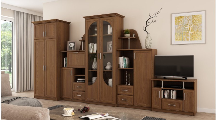 Very large classic wall cabinet with glass display case, wardrobe and TV 400 × 207 cm Wiśnia Porto – TEXAS + Wardrobe + TV - Image 2