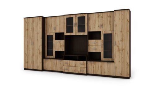 Very spacious TV wall cabinet with wardrobe 405 × 210 cm, Sonoma Dark / Wotan Oak – LENA