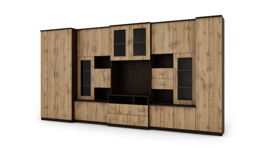 Very spacious TV wall cabinet with wardrobe 405 × 210 cm, Sonoma Dark / Wotan Oak – LENA