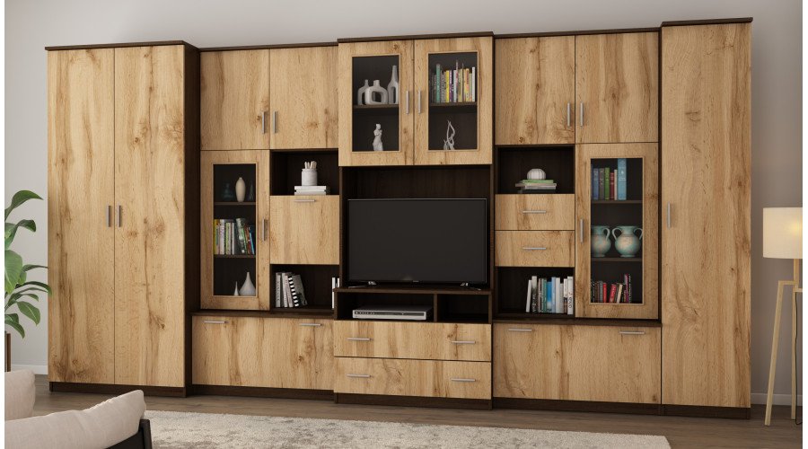 Very spacious TV wall cabinet with wardrobe 405 × 210 cm, Sonoma Dark / Wotan Oak – LENA - Image 2