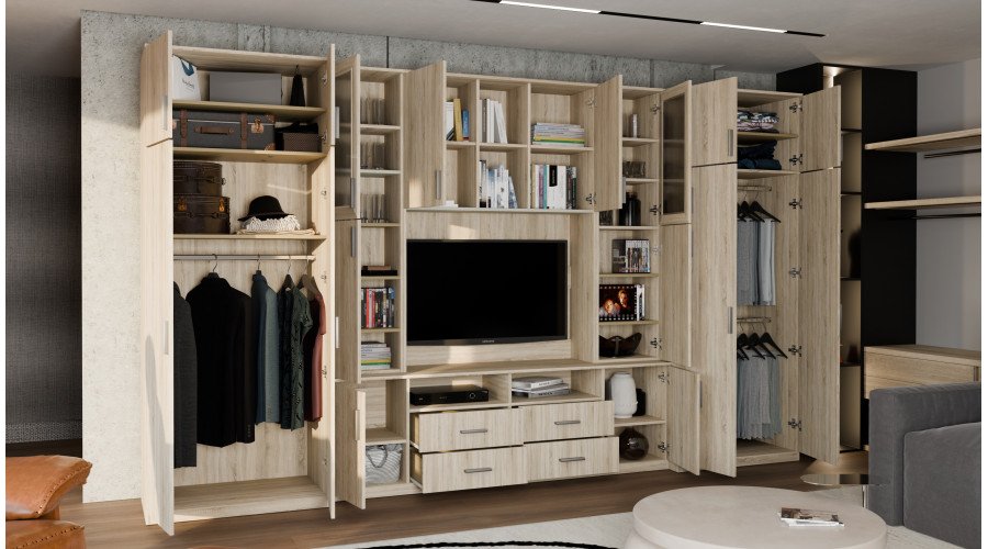 Large wall cabinet with spacious cabinets and display cases, 390 × 232 cm, Dab Lefkas – SAWA - Image 6