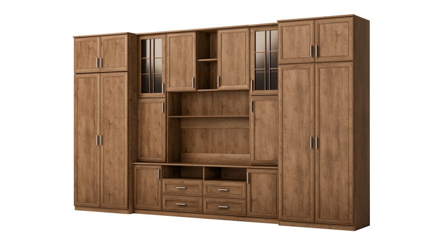 Large wall cabinet with spacious cabinets and display cases, 390 × 232 cm, Dab Lefkas – SAWA