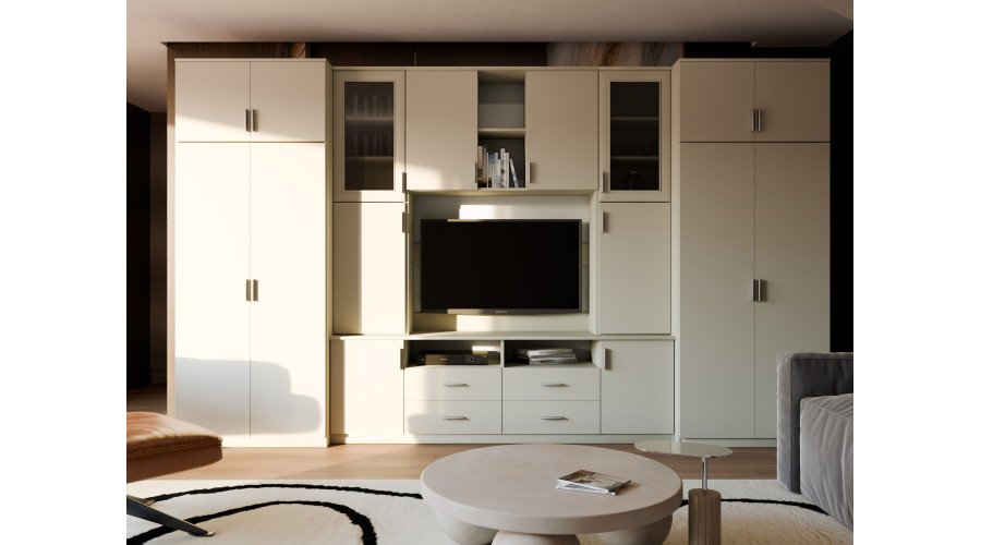 Large wall cabinet with spacious cabinets and display cases, 390 × 232 cm, Cashmere Beige – SAWA - Image 2