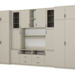 Large wall cabinet with spacious cabinets and display cases, 390 × 232 cm, Cashmere Beige – SAWA