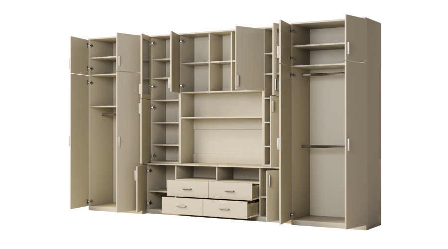 Large wall cabinet with spacious cabinets and display cases, 390 × 232 cm, Cashmere Beige – SAWA - Image 3
