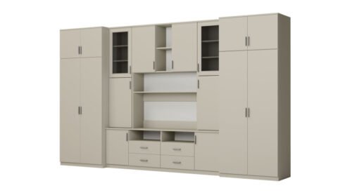 Large wall cabinet with spacious cabinets and display cases, 390 × 232 cm, Cashmere Beige – SAWA