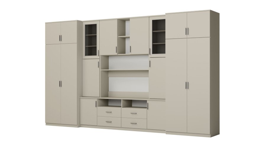 Large wall cabinet with spacious cabinets and display cases, 390 × 232 cm, Cashmere Beige – SAWA