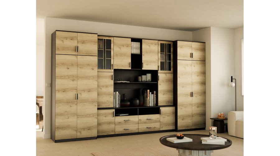 Large wall cabinet with spacious cabinets and display cases 390 × 232 cm, Sonoma Ciemna / Grand Natural Oak – SAWA - Image 2