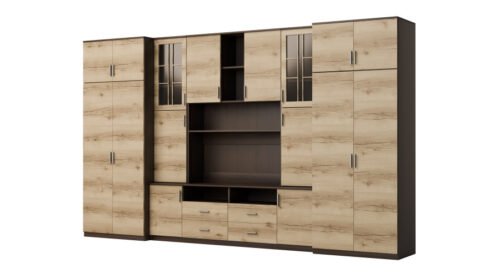 Large wall cabinet with spacious cabinets and display cases 390 × 232 cm, Sonoma Ciemna / Grand Natural Oak – SAWA