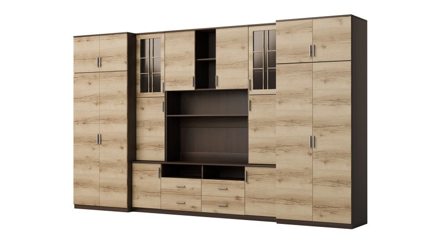 Large wall cabinet with spacious cabinets and display cases 390 × 232 cm, Sonoma Ciemna / Grand Natural Oak – SAWA