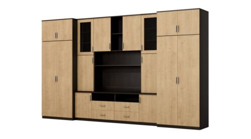 Large wall cabinet with spacious cabinets and display cases 390 × 232 cm, Sonoma Ciemna / Hamilton stain – SAWA