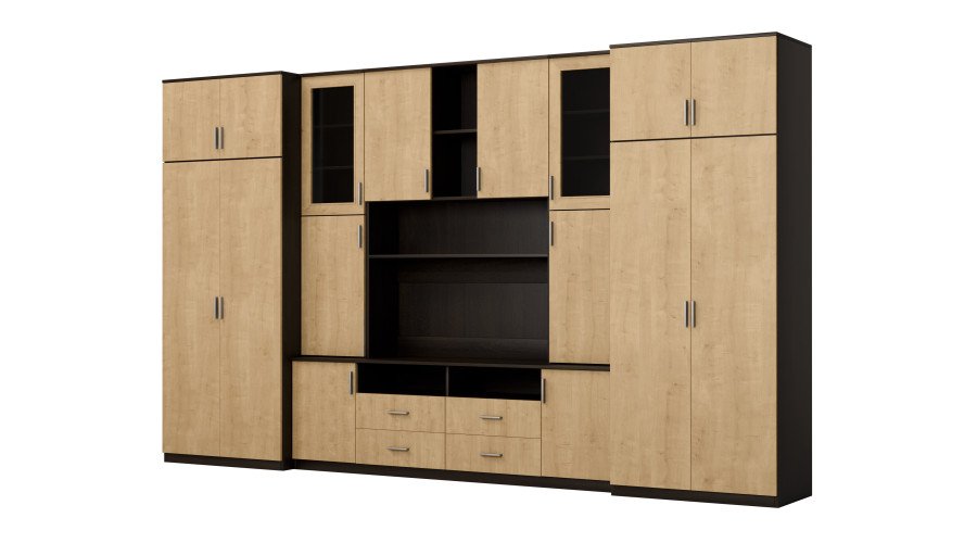 Large wall cabinet with spacious cabinets and display cases 390 × 232 cm, Sonoma Ciemna / Hamilton stain – SAWA