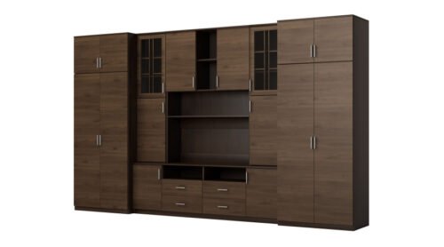 Large wall cabinet with spacious cabinets and display cases 390 × 232 cm, Sonoma Ciemna / Orzech Okapi – SAWA