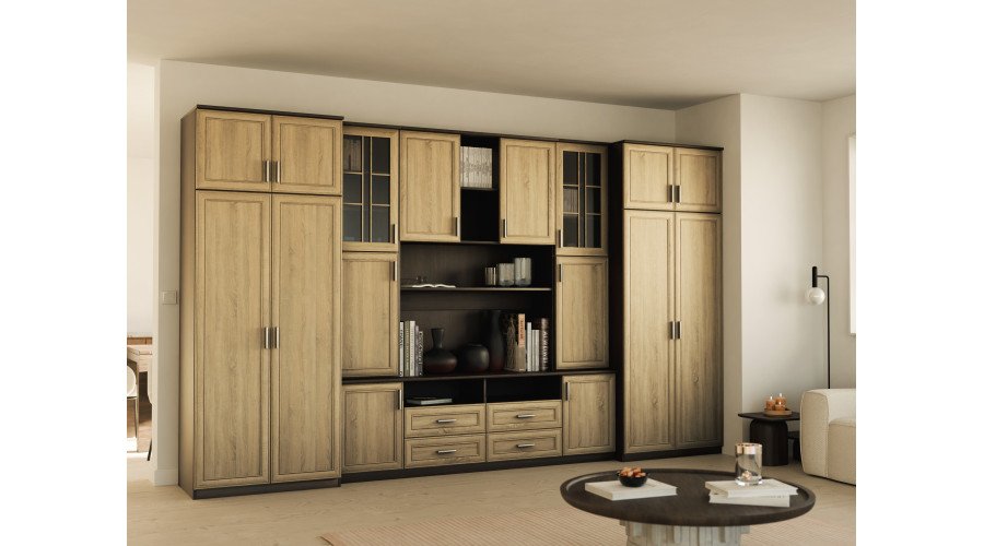 Large wall cabinet with spacious cabinets and display cases 390 × 232 cm Sonoma Ciemna / Sonoma Jasna – SAWA - Image 2