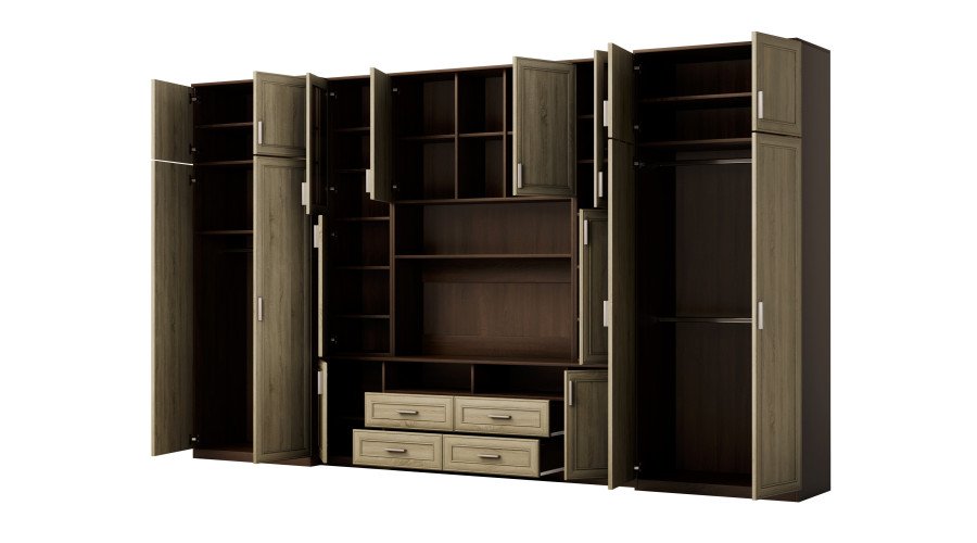 Large wall cabinet with spacious cabinets and display cases 390 × 232 cm Sonoma Ciemna / Sonoma Jasna – SAWA - Image 3