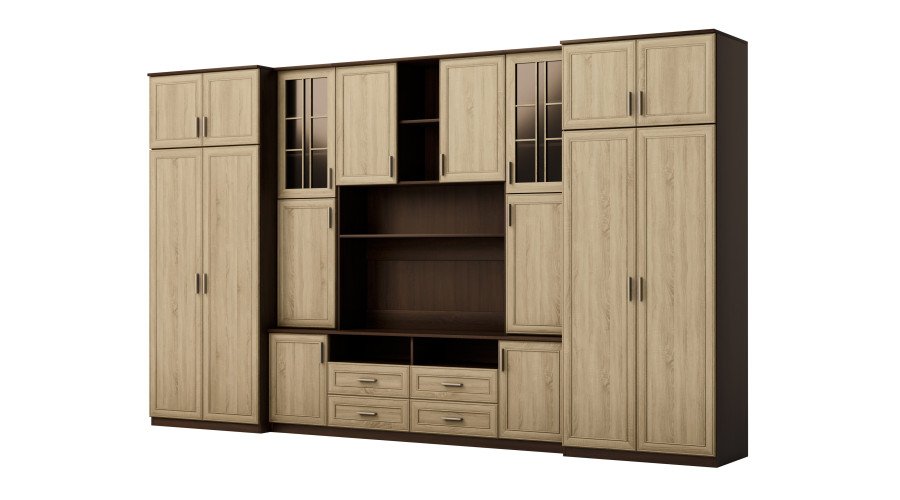 Large wall cabinet with spacious cabinets and display cases 390 × 232 cm Sonoma Ciemna / Sonoma Jasna – SAWA