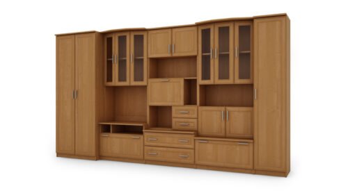 Large wall cabinet with spacious cabinets, display cabinets and bar 360 × 200 cm Alder – HAVANA