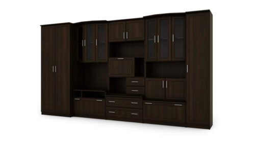 Large wall cabinet with spacious cabinets, display cabinets and bar 360 × 200 cm Sonoma Ciemna – HAVANA