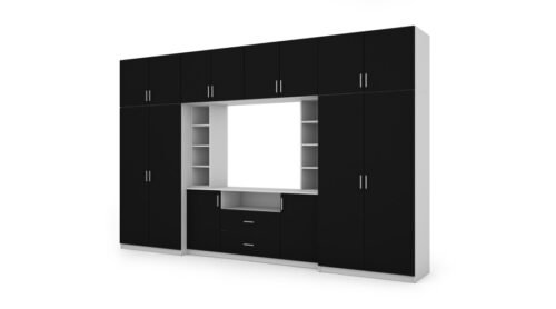 Elegant wall cabinet with cabinets and TV shelf 380 × 240 cm, Biel / Czarny – DAKO