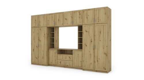 Elegant wall cabinet with cabinets and TV shelf, 380 × 240 cm, Dąb Artisan – DAKO