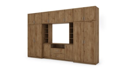 Elegant wall cabinet with cabinets and TV shelf, 380 × 240 cm, Dąb Lefkas – DAKO