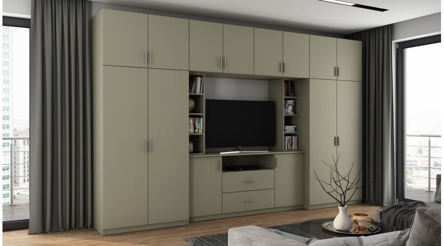 Elegant wall cabinet with cabinets and TV shelf 380×240 cm Eucalyptus – DAKO - Image 2