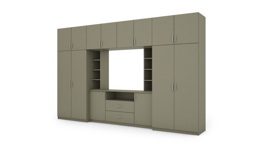 Elegant wall cabinet with cabinets and TV shelf 380×240 cm Eucalyptus – DAKO
