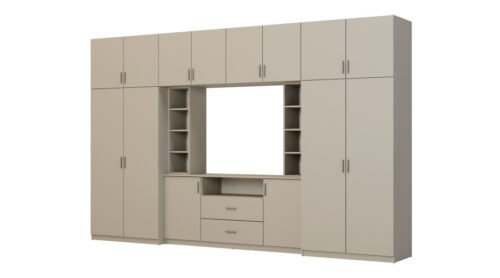 Elegant wall cabinet with cabinets and TV shelf, 380 × 240 cm, Cashmere Beige – DAKO
