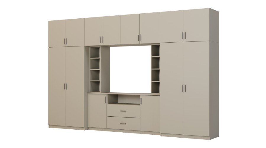 Elegant wall cabinet with cabinets and TV shelf, 380 × 240 cm, Cashmere Beige – DAKO