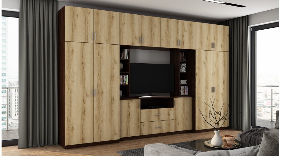 Elegant wall cabinet with cabinets and TV shelf 380 × 240 cm, Sonoma Dark / Grand Natural Oak – DAKO - Image 2