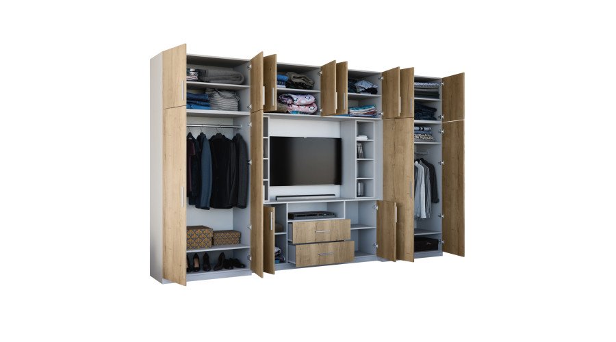 Elegant wall cabinet with cabinets and TV shelf 380 × 240 cm, Sonoma Dark / Grand Natural Oak – DAKO - Image 6