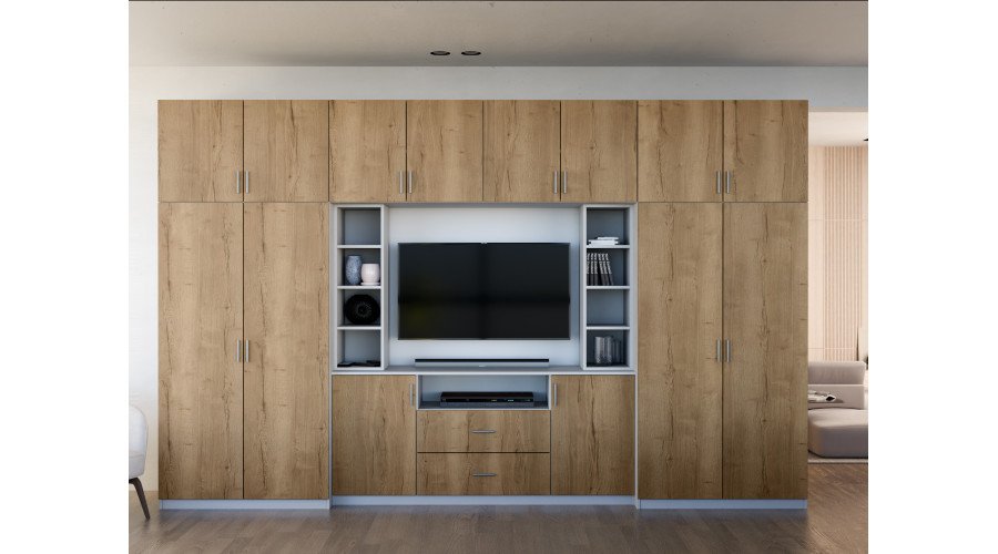 Elegant wall cabinet with cabinets and TV shelf 380 × 240 cm Light Grey / Halifax Oak – DAKO - Image 2