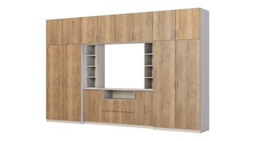 Elegant wall cabinet with cabinets and TV shelf 380 × 240 cm Light Grey / Halifax Oak – DAKO