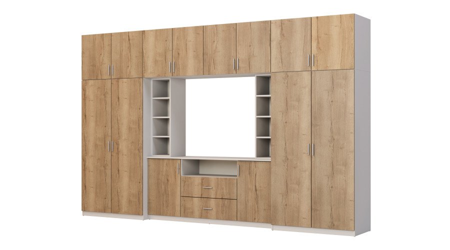 Elegant wall cabinet with cabinets and TV shelf 380 × 240 cm Light Grey / Halifax Oak – DAKO
