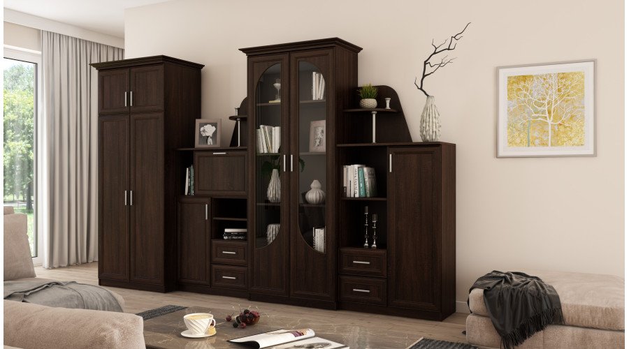Classic wall cabinet with large glass display case, bar and spacious wardrobe 320 × 207 cm Sonoma Ciemna – TEXAS + Wardrobe - Image 2