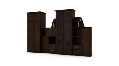 Classic wall cabinet with large glass display case, bar and spacious wardrobe 320 × 207 cm Sonoma Ciemna – TEXAS + Wardrobe